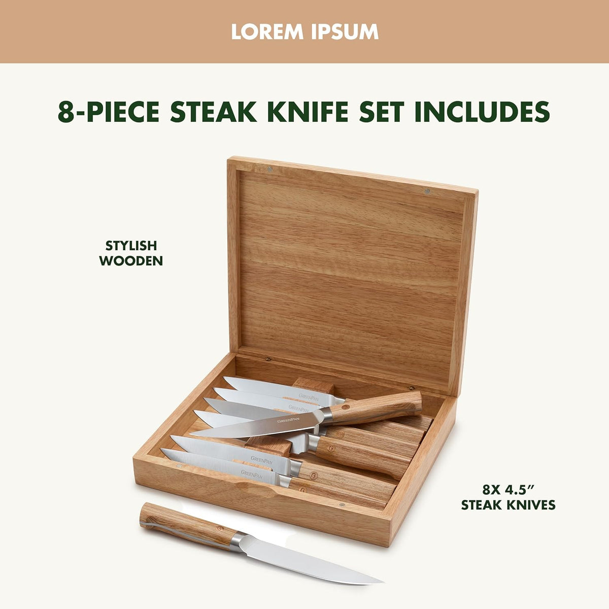 Elite 8 Piece Steak Knife Set, Professional Stainless Steel Blades with Titanium Coating, Ultra-Sharp Dining Knives, Kitchen Cutlery, Ergonomic Wood Handles, Wooden Storage Box
