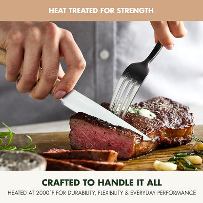 Elite 8 Piece Steak Knife Set, Professional Stainless Steel Blades with Titanium Coating, Ultra-Sharp Dining Knives, Kitchen Cutlery, Ergonomic Wood Handles, Wooden Storage Box