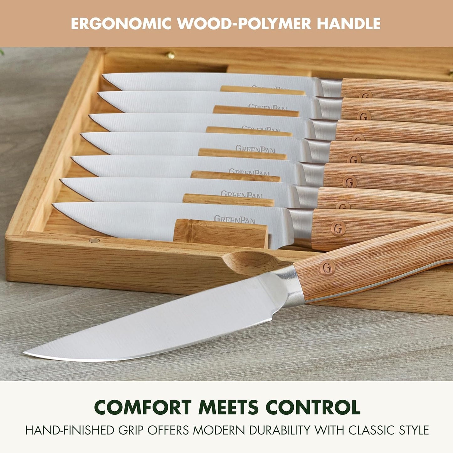 Elite 8 Piece Steak Knife Set, Professional Stainless Steel Blades with Titanium Coating, Ultra-Sharp Dining Knives, Kitchen Cutlery, Ergonomic Wood Handles, Wooden Storage Box