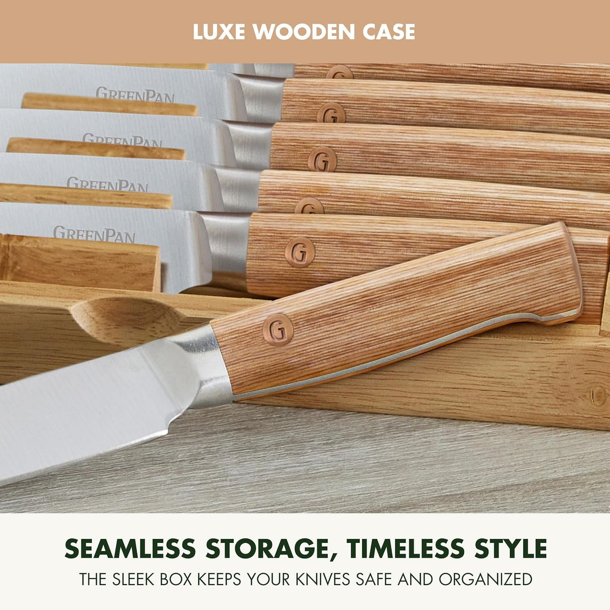 Elite 8 Piece Steak Knife Set, Professional Stainless Steel Blades with Titanium Coating, Ultra-Sharp Dining Knives, Kitchen Cutlery, Ergonomic Wood Handles, Wooden Storage Box