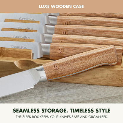 Elite 8 Piece Steak Knife Set, Professional Stainless Steel Blades with Titanium Coating, Ultra-Sharp Dining Knives, Kitchen Cutlery, Ergonomic Wood Handles, Wooden Storage Box