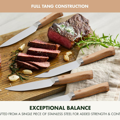 Elite 8 Piece Steak Knife Set, Professional Stainless Steel Blades with Titanium Coating, Ultra-Sharp Dining Knives, Kitchen Cutlery, Ergonomic Wood Handles, Wooden Storage Box