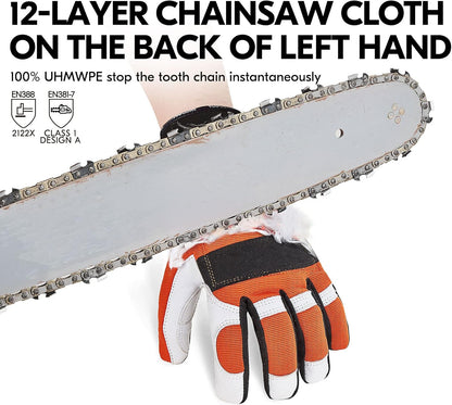 ... 1Pair Chainsaw Gloves, 12-Layer Chainsaw Protection on Left Hand Back,Goat leather Work Gloves, Mechanic Gloves