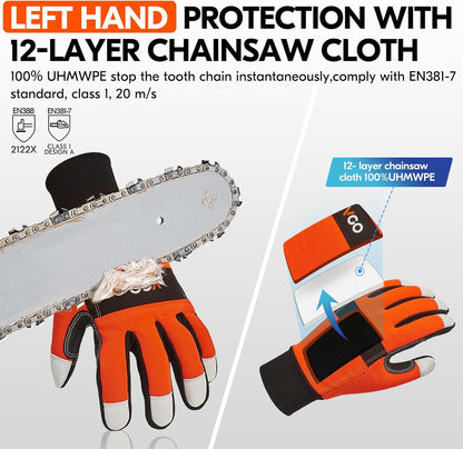 ... 1Pair Chainsaw Gloves, 12-Layer Chainsaw Protection on Left Hand Back,Goat leather Work Gloves, Mechanic Gloves