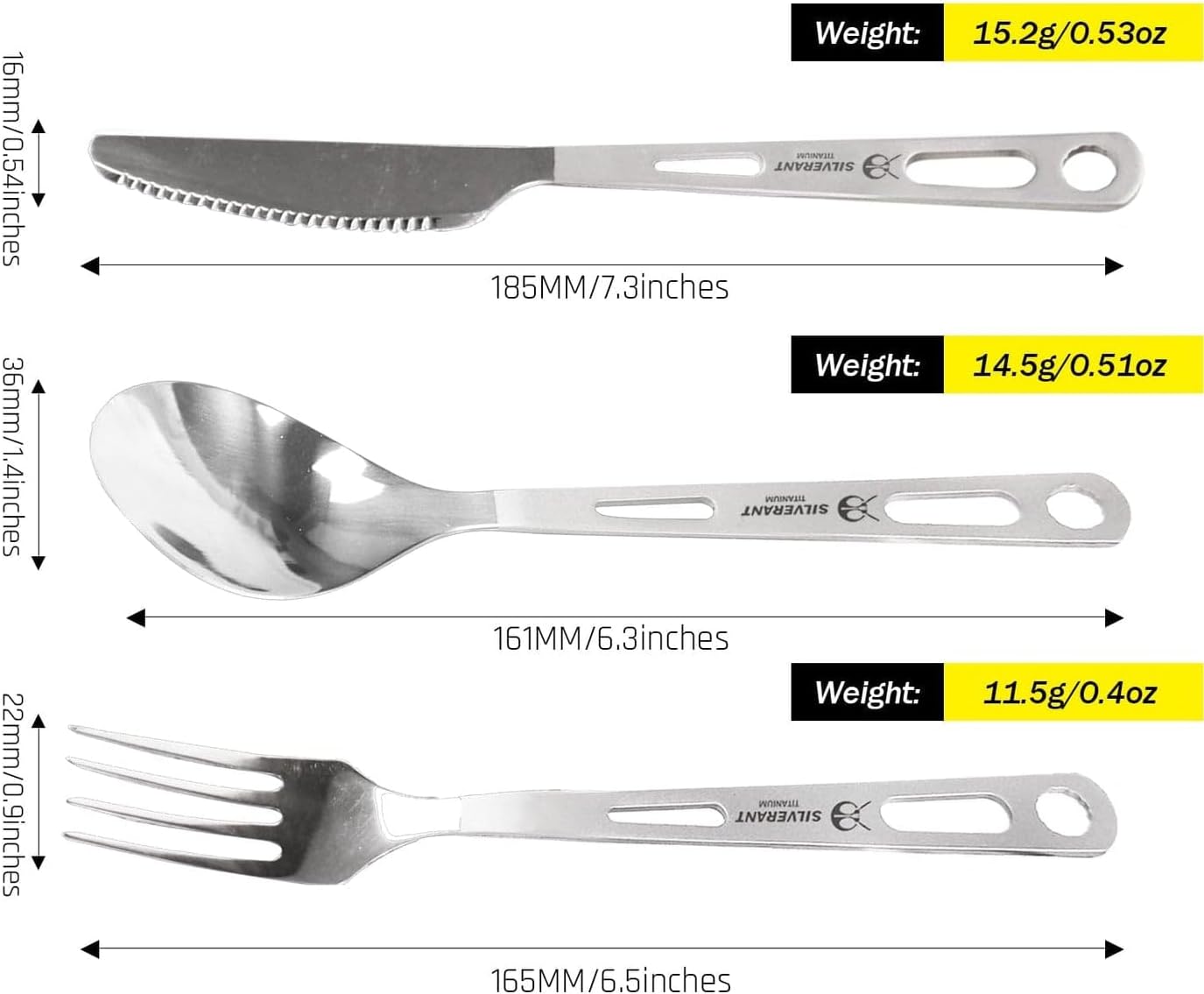 SILVERANT Titanium Camping Flatware, Knife Fork & Spoon 3 Piece Camping Cutlery Set Lightweight Tableware for Lunch Box Outdoor Camping & Hiking, Comes with Drawstring Bag & Carabiner- Polished