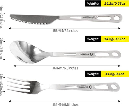 SILVERANT Titanium Camping Flatware, Knife Fork & Spoon 3 Piece Camping Cutlery Set Lightweight Tableware for Lunch Box Outdoor Camping & Hiking, Comes with Drawstring Bag & Carabiner- Polished