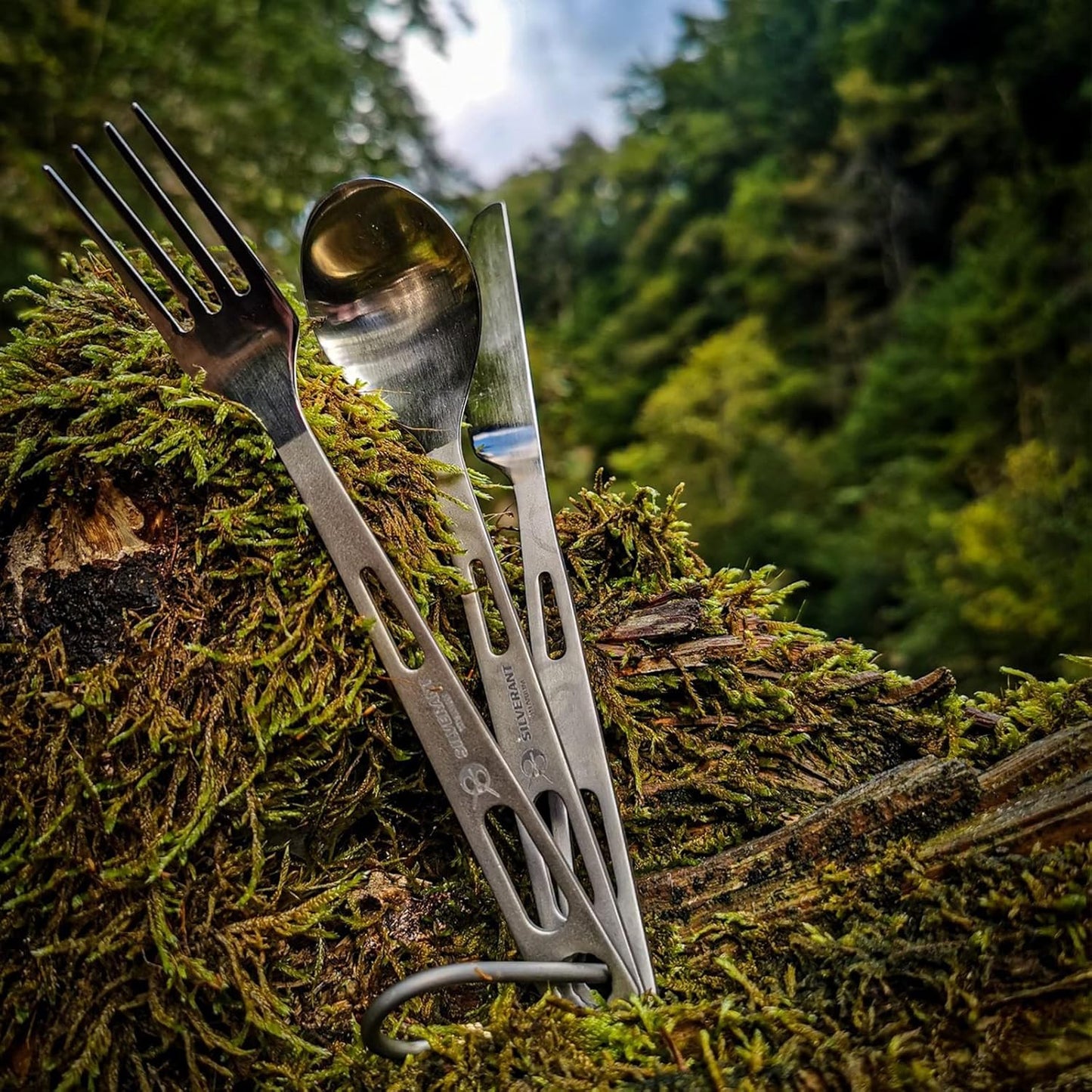 SILVERANT Titanium Camping Flatware, Knife Fork & Spoon 3 Piece Camping Cutlery Set Lightweight Tableware for Lunch Box Outdoor Camping & Hiking, Comes with Drawstring Bag & Carabiner- Polished