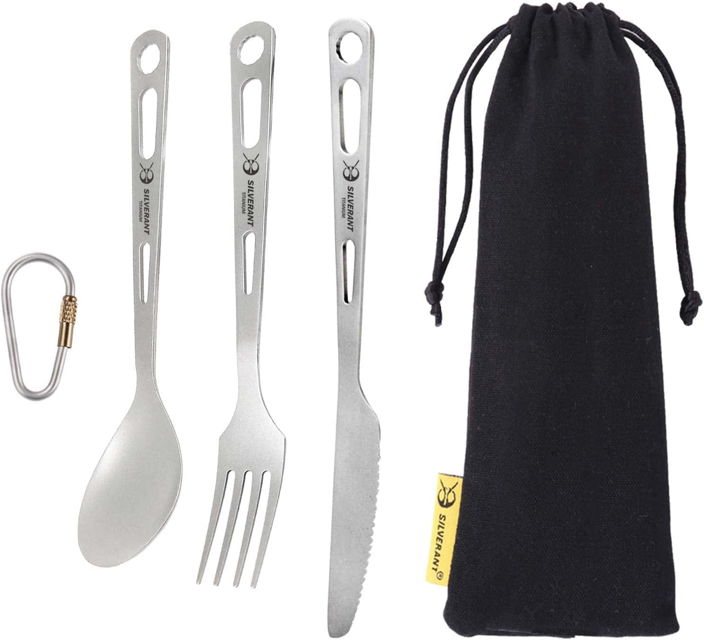 SILVERANT Titanium Camping Flatware, Knife Fork & Spoon 3 Piece Camping Cutlery Set Lightweight Tableware for Lunch Box Outdoor Camping & Hiking, Comes with Drawstring Bag & Carabiner- Polished