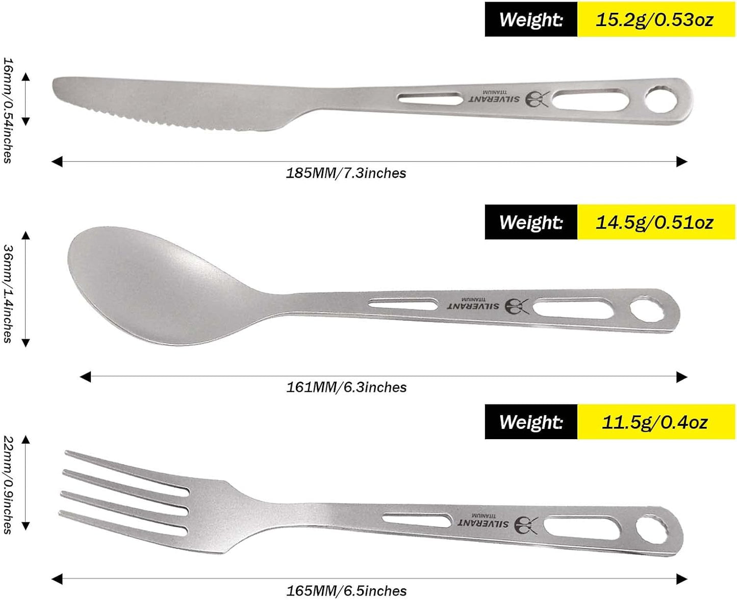 SILVERANT Titanium Camping Flatware, Knife Fork & Spoon 3 Piece Camping Cutlery Set Lightweight Tableware for Lunch Box Outdoor Camping & Hiking, Comes with Drawstring Bag & Carabiner- Polished