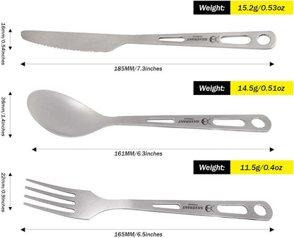SILVERANT Titanium Camping Flatware, Knife Fork & Spoon 3 Piece Camping Cutlery Set Lightweight Tableware for Lunch Box Outdoor Camping & Hiking, Comes with Drawstring Bag & Carabiner- Polished