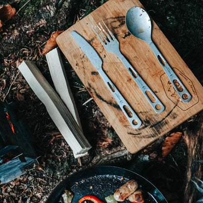 SILVERANT Titanium Camping Flatware, Knife Fork & Spoon 3 Piece Camping Cutlery Set Lightweight Tableware for Lunch Box Outdoor Camping & Hiking, Comes with Drawstring Bag & Carabiner- Polished