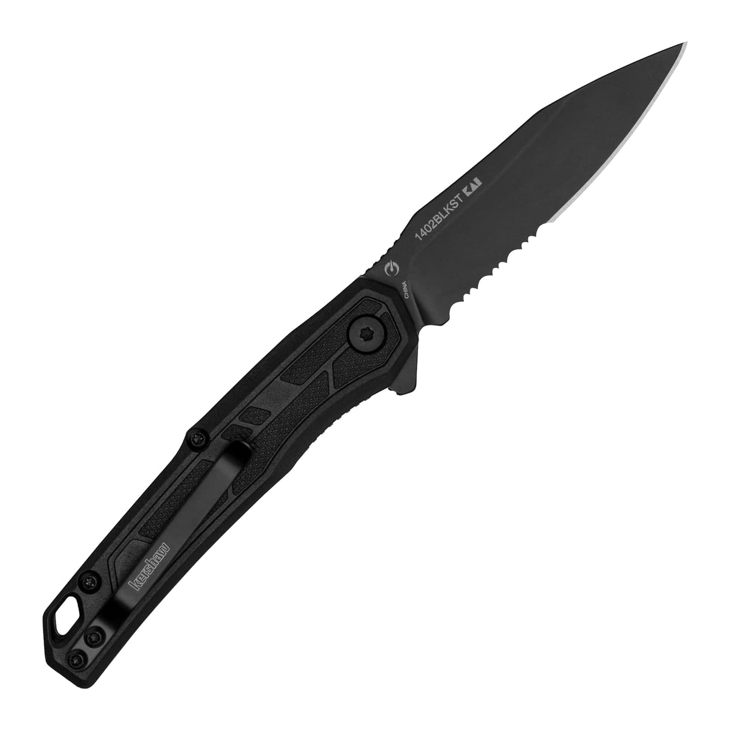 Kershaw Appa Pocket Knife, All-Black | 2.75 Inch Steel Partially Serrated Reverse Tanto Blade, Assisted Opening, Reversible Clip, For Men and Women