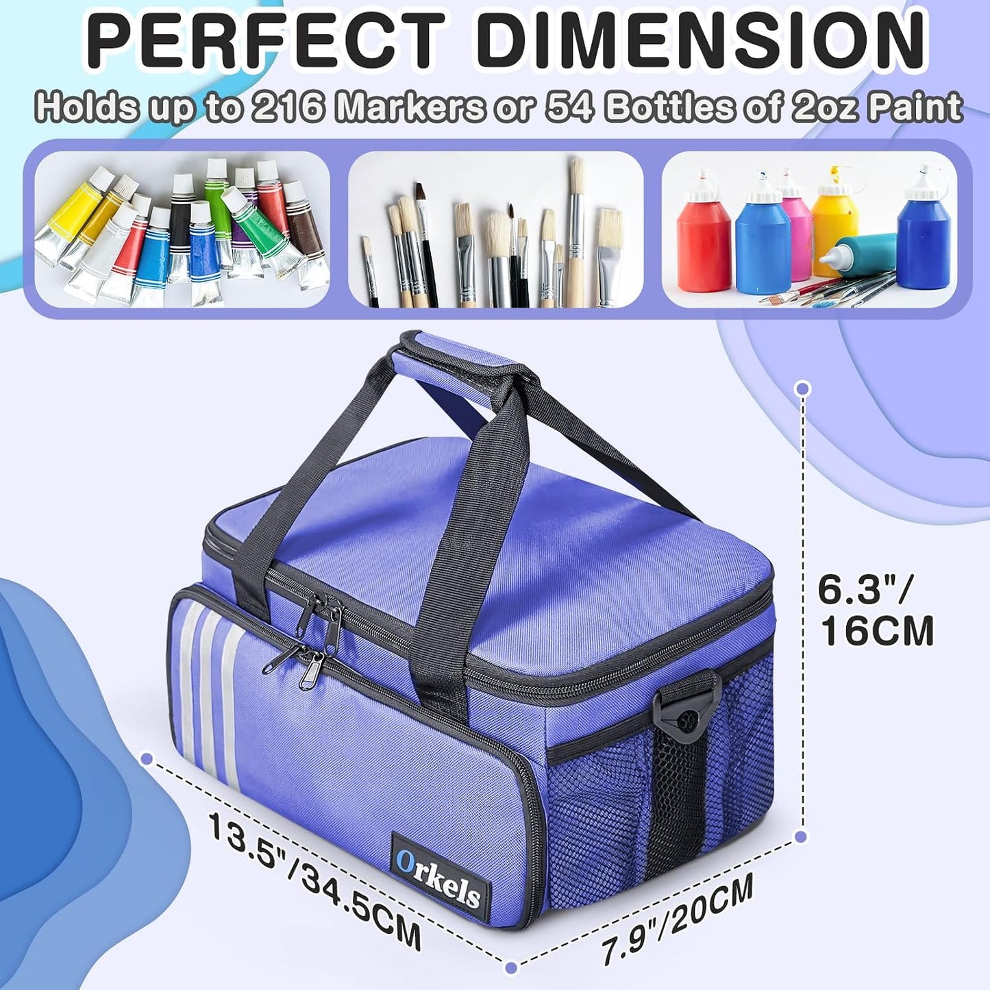 Craft Paint and Marker Organizer, Acrylic Paint Storage Bag with Brush and Bottle Holders, Large Marker Carrying Case for Artists (Purple)