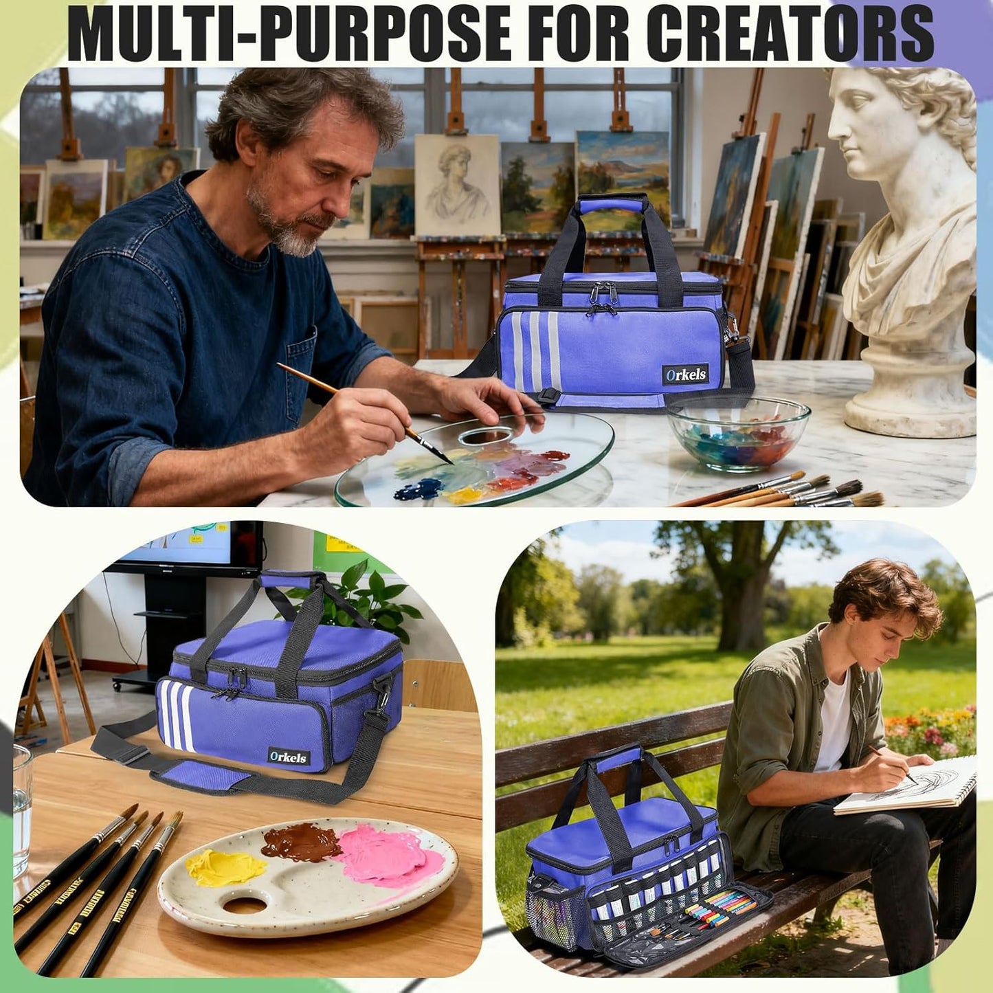 Craft Paint and Marker Organizer, Acrylic Paint Storage Bag with Brush and Bottle Holders, Large Marker Carrying Case for Artists (Purple)