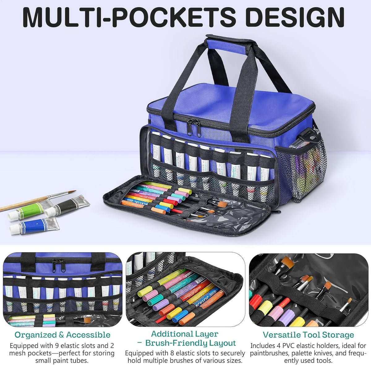 Craft Paint and Marker Organizer, Acrylic Paint Storage Bag with Brush and Bottle Holders, Large Marker Carrying Case for Artists (Purple)