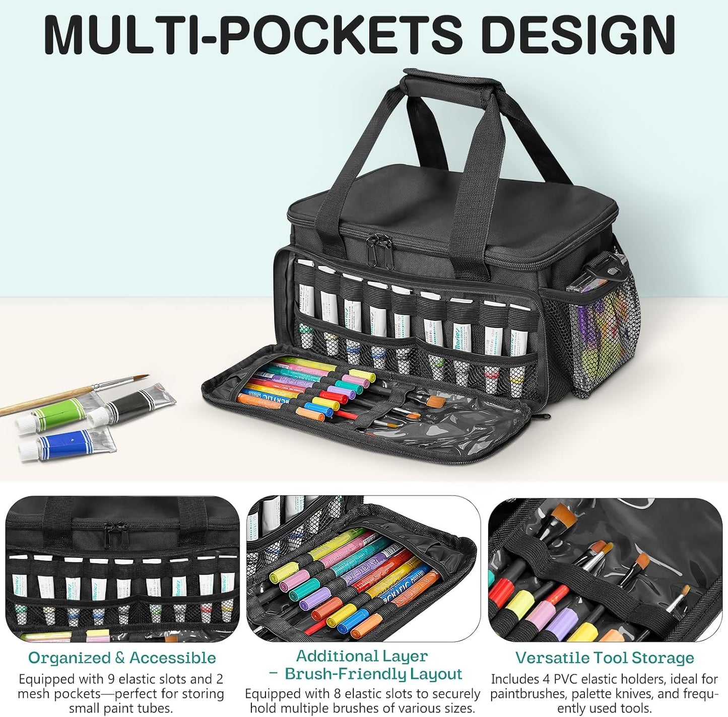 Craft Paint and Marker Organizer, Acrylic Paint Storage Bag with Brush and Bottle Holders, Large Marker Carrying Case for Artists (Purple)