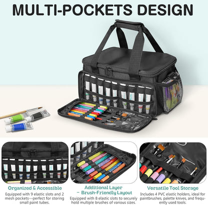 Craft Paint and Marker Organizer, Acrylic Paint Storage Bag with Brush and Bottle Holders, Large Marker Carrying Case for Artists (Purple)