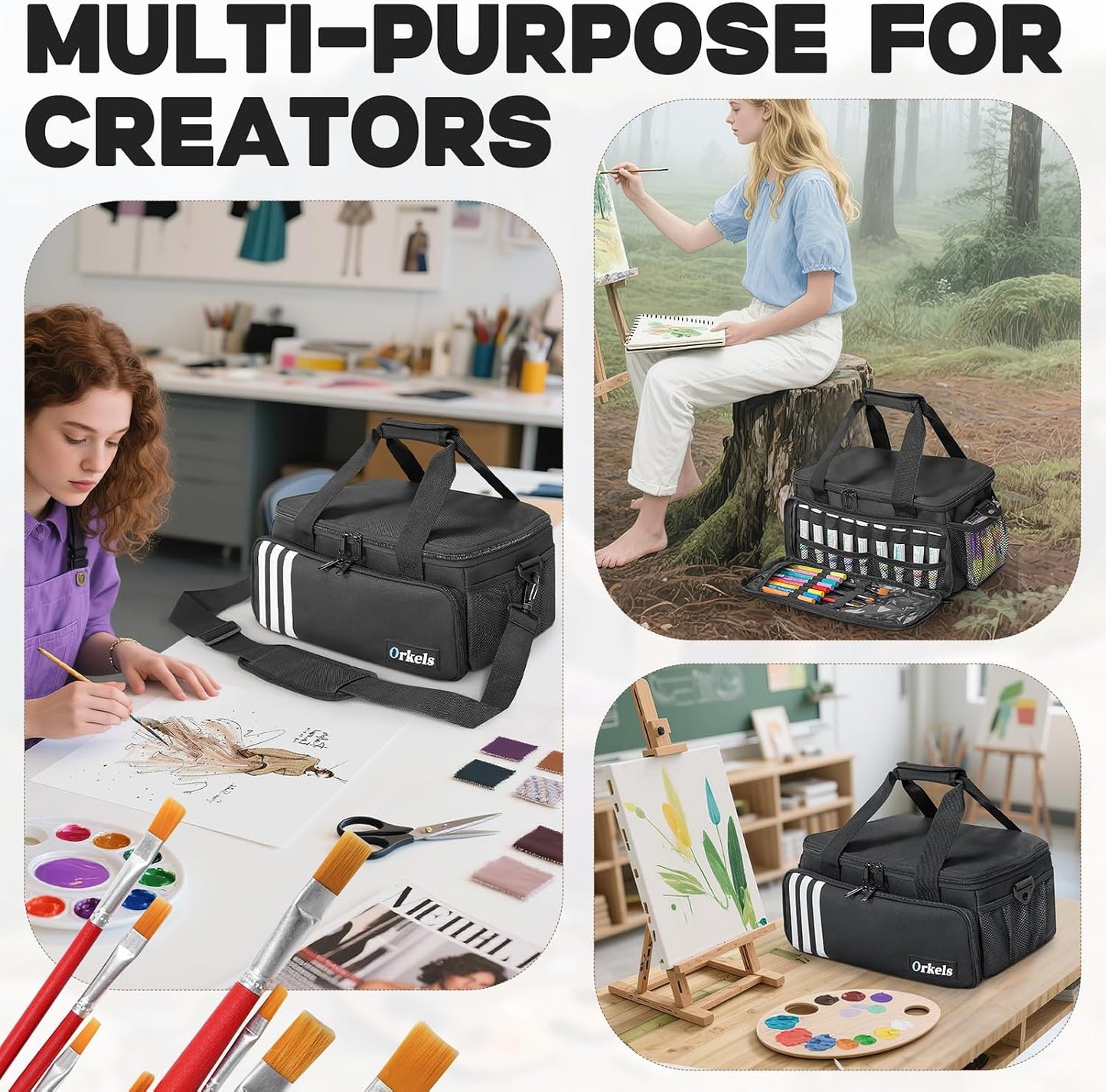 Craft Paint and Marker Organizer, Acrylic Paint Storage Bag with Brush and Bottle Holders, Large Marker Carrying Case for Artists (Purple)