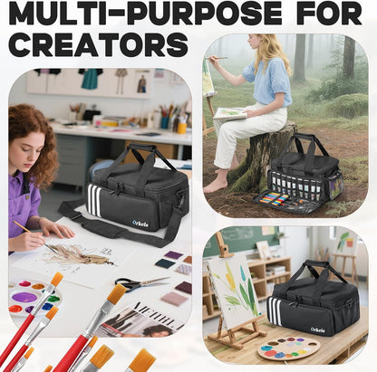 Craft Paint and Marker Organizer, Acrylic Paint Storage Bag with Brush and Bottle Holders, Large Marker Carrying Case for Artists (Purple)