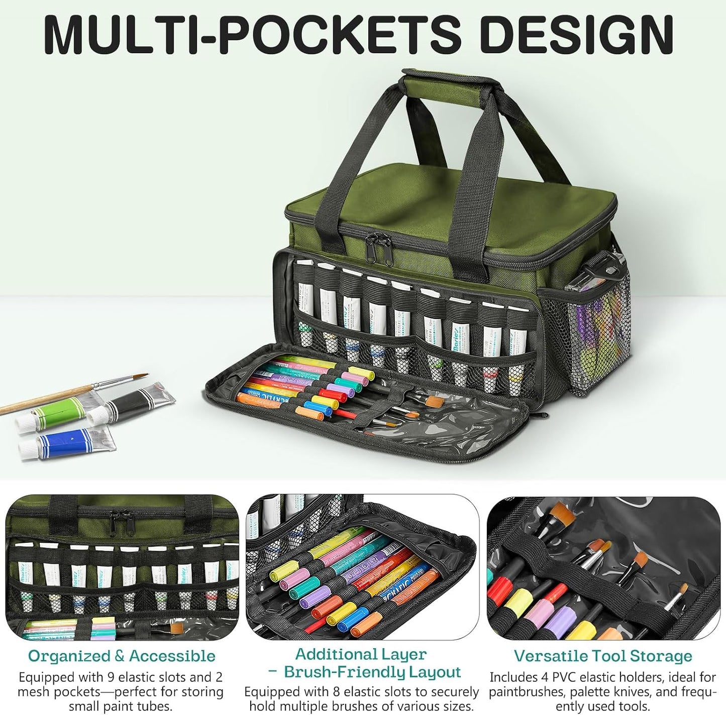 Craft Paint and Marker Organizer, Acrylic Paint Storage Bag with Brush and Bottle Holders, Large Marker Carrying Case for Artists (Purple)