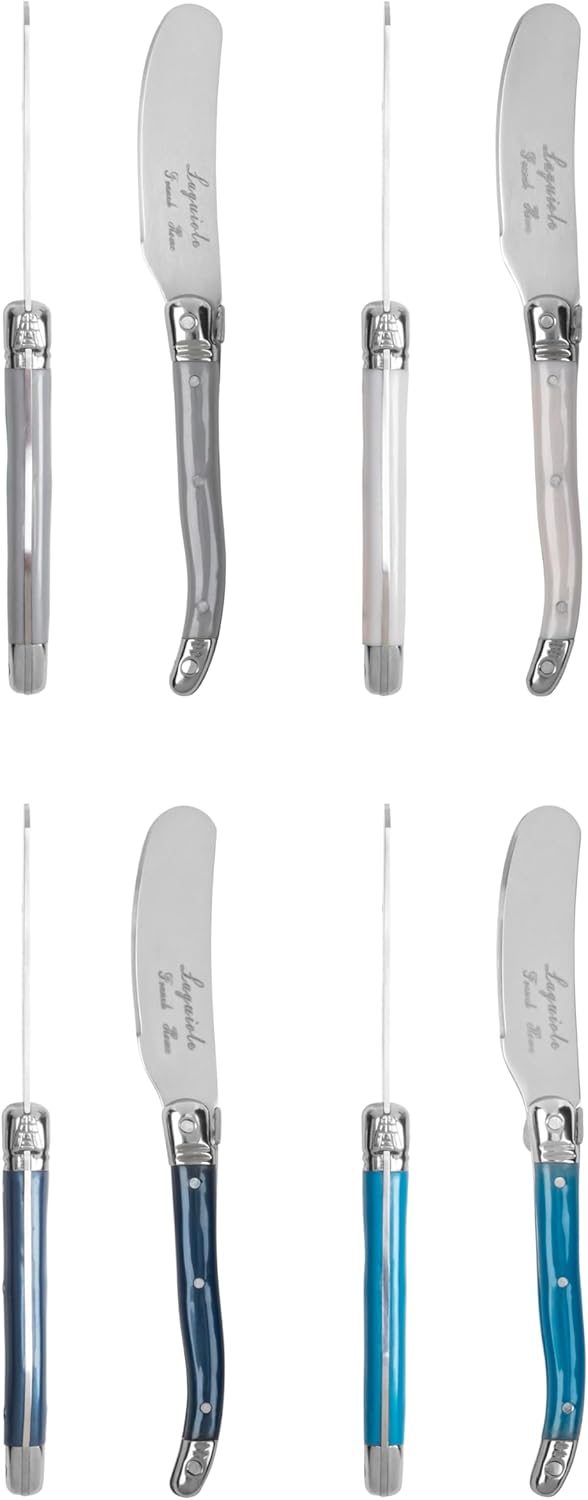 French Home Laguiole Spreader Set – 8 Piece Cheese & Butter Spreader Set with Blue and Cream Handles – Elegant & Practical Charcuterie Tools (6.25")