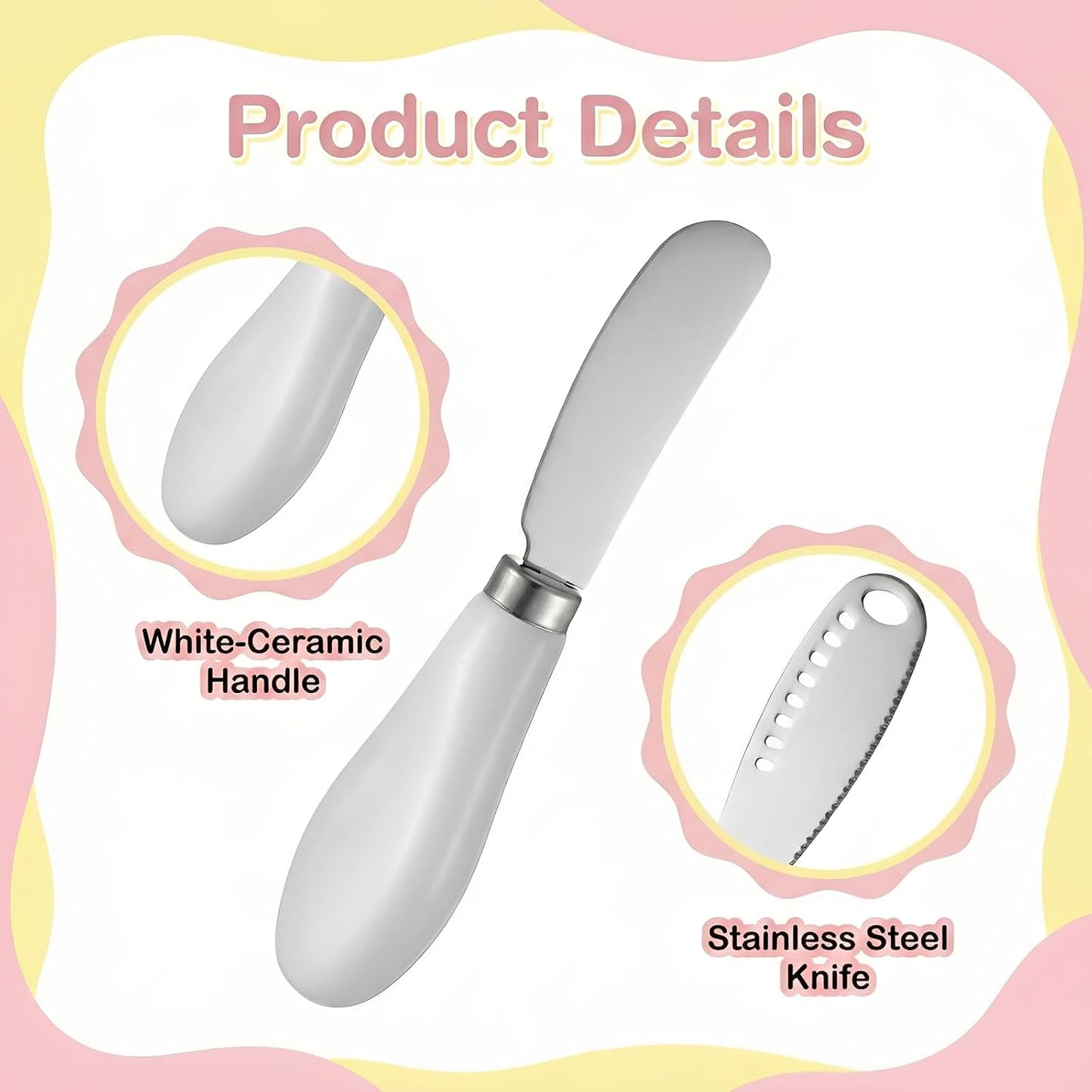 Cheese Spreader Knives, Stainless Steel Butter Knife with Porcelain Handles Cheese Butter Spreader Knives for Kitchen, Butter-Knife with Holes in Blade for Soft Jam, Charcuterie, Pastry