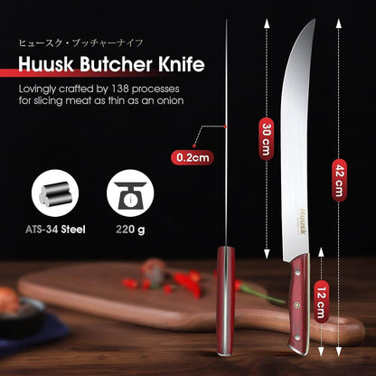 Huusk Cimitar Breaking Knife 12 inch, Curved Butcher Knives for Meat Cutting Sharp Brisket Knives Carving Knives Full Tang Meats Cleaver with Rosewood Handle for Meats Christmas Gift for Men and Women
