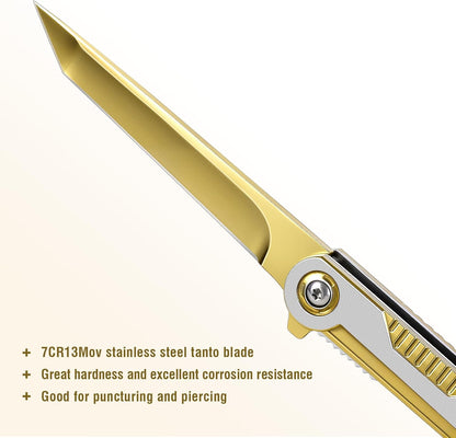 FUNBRO EDC Pocket Knife - 7CR13Mov Steel Tanto Blade, Slim Survival Knife with Clip and Liner Lock, Window Breaker for Outdoor Camping- Stocking stuffer Gifts for Men Women
