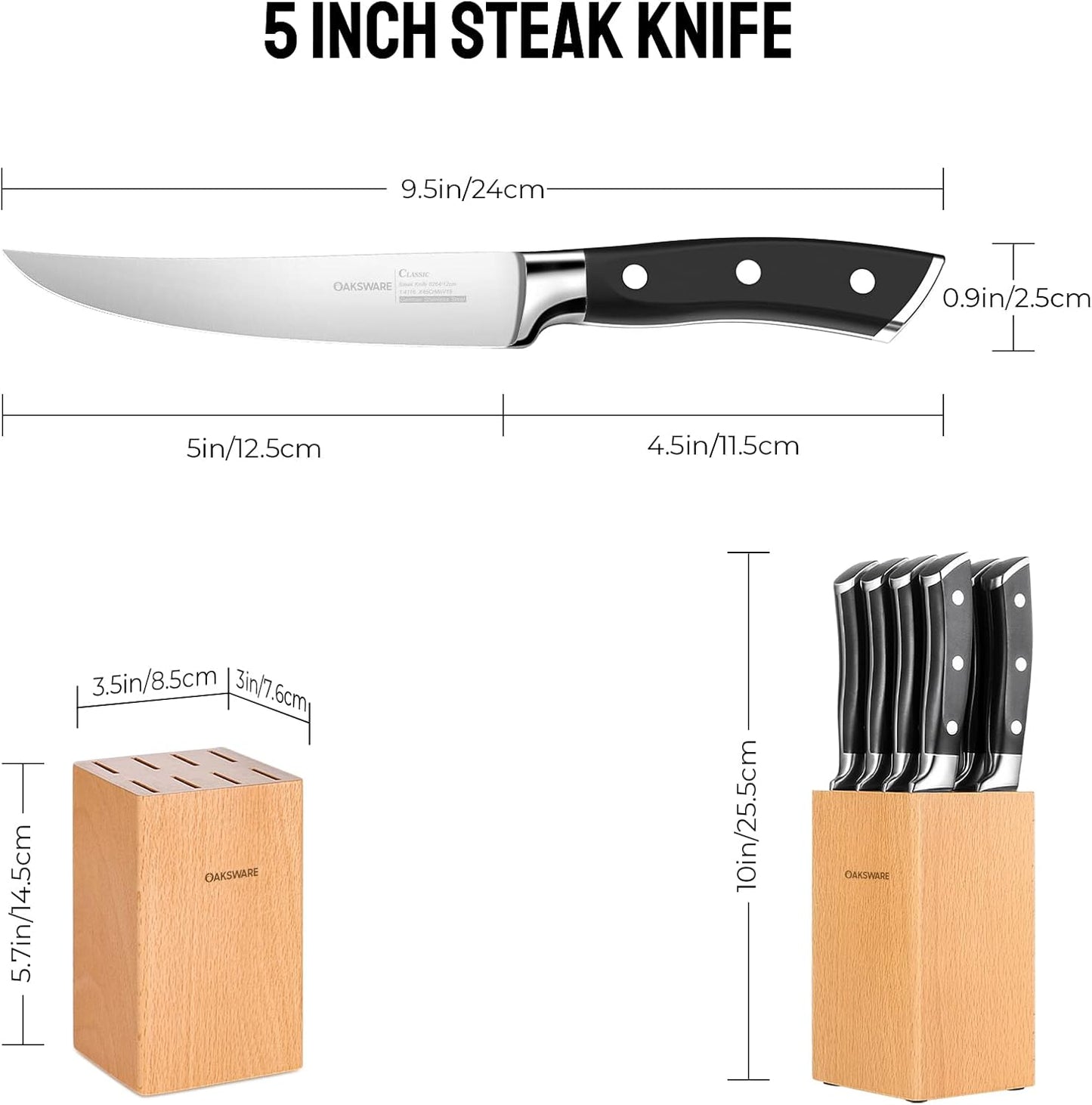 Steak Knives Set of 8, 5 Inch Non Serrated Steak Knife with Walnut Block, Razor-Sharp German Stainless Steel Dinner Knives, Durable Full Tang Forged Straight Edge Meat Knife for Home Dining&Gift