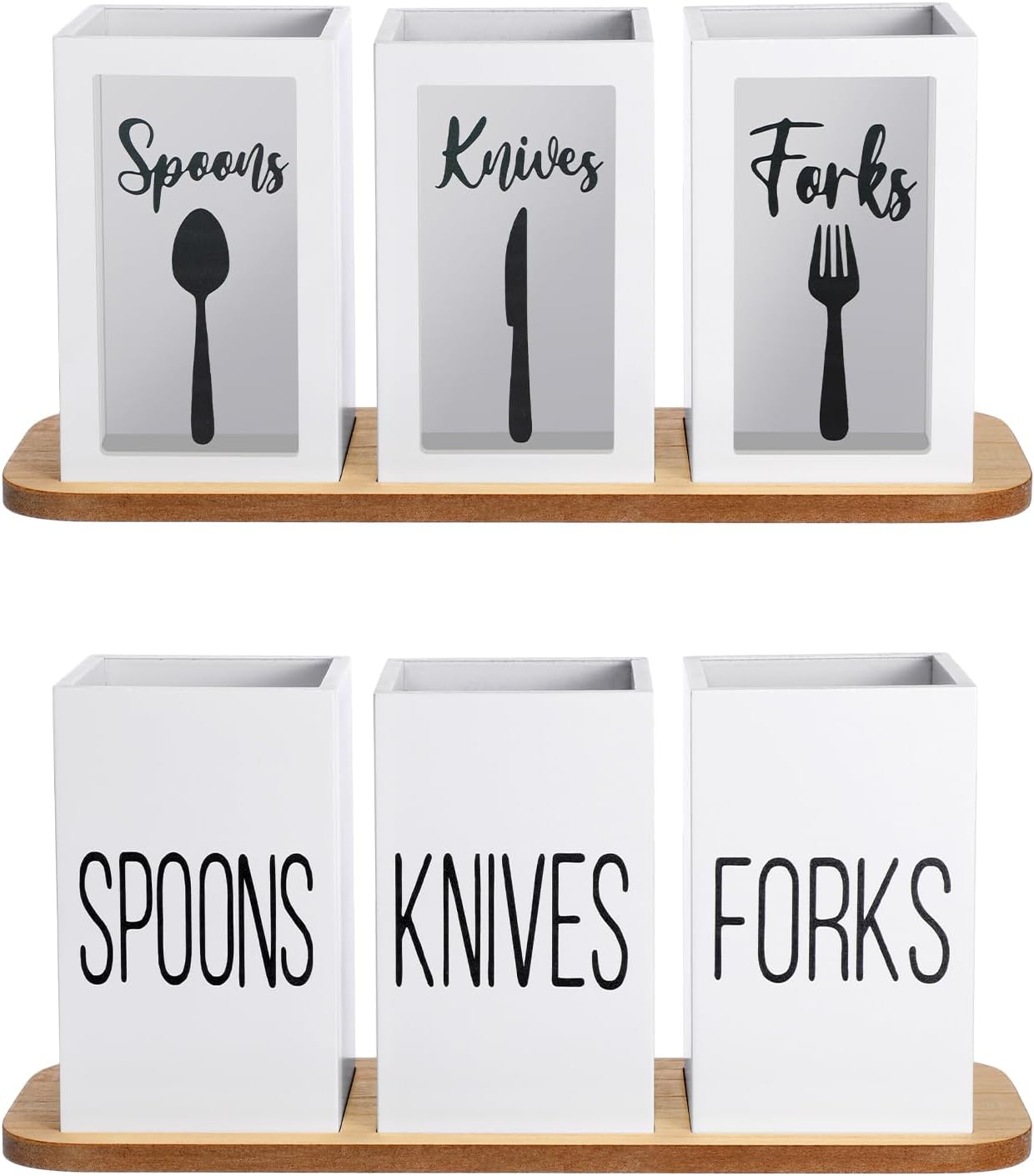 Gejoy Acrylic Silverware Cutlery Holder Flatware Caddy Utensil Holder with Wood Tray Spoon Fork Knives Flatware Dispenser for Kitchen Table Countertop Silverware Storage Organizer(White)