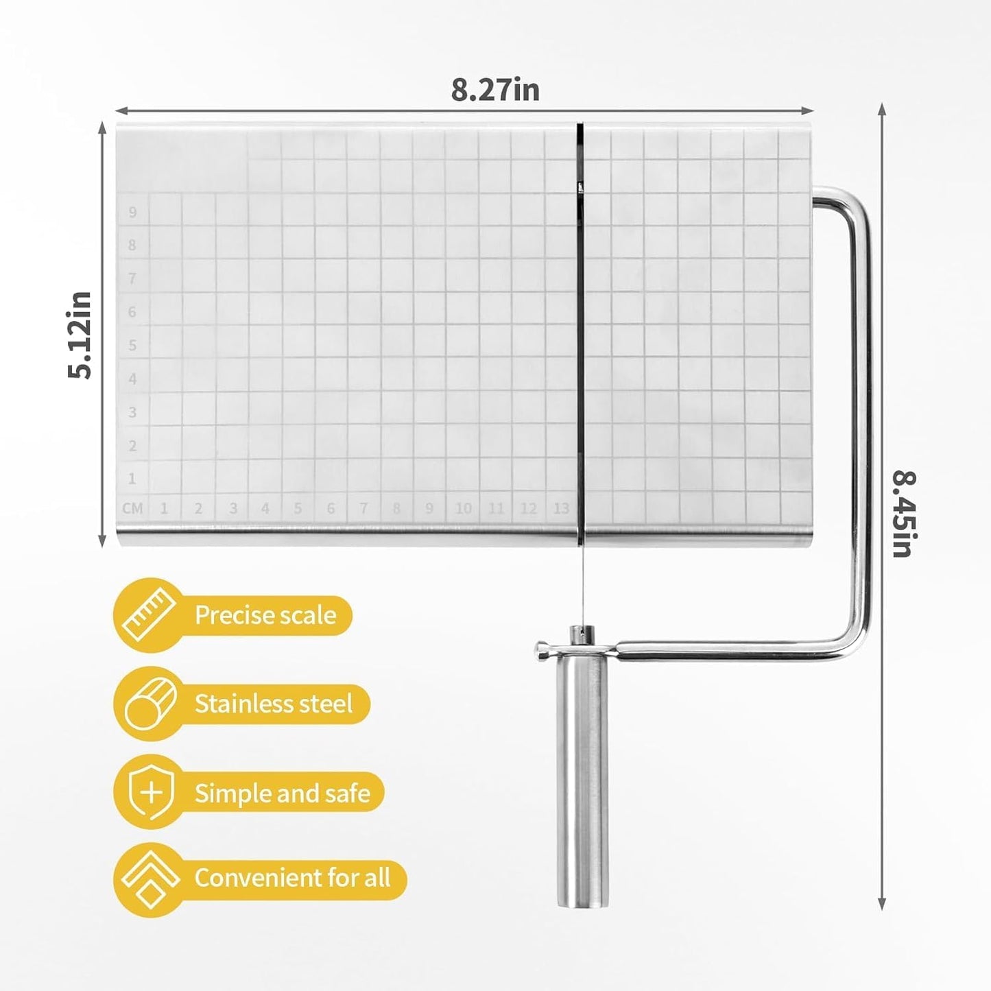 Cheese Slicer with Measuring Grids, Stainless Steel Metal Cheese Cutter and Cutting Board for Block Cheese, with 5 Replacement Extra Wires, Easy to Clean, Dishwasher Safe