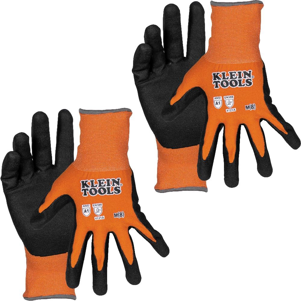 Klein Tools 60581 Work Gloves, Knit Dipped Cut Resistant ANSI A1 Nitrile Coated Gloves, Nylon-Spandex, Touchscreen Capable, Large, 2-Pair