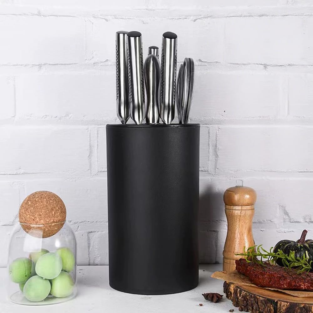 Knife Block Without Knives, Universal Round Knife Block Only, Knife Holder for Easy Cleaning, Space Saver Knife Storage Holder with Scissors Slot - Black