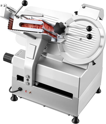 VEVOR Fully Automatic Meat Slicer, 180W + 370W Commercial Food-Slicer with 10" Carbon Steel Blade, Built-In Sharpener & 0-0.3" Adjustable Thickness for Frozen Meat, Ham, Baguett, Steak