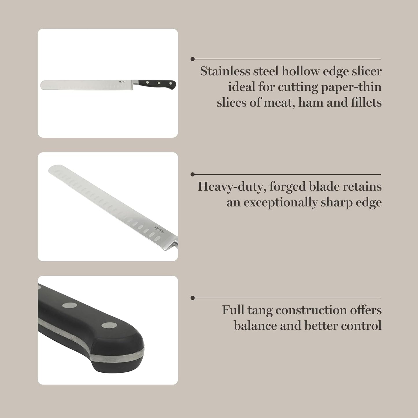 Martha Stewart Carverton 10" Hollow Edge Slicer Knife, High Carbon Stainless Steel Kitchen Knives w/Black Triple Riveted Handle