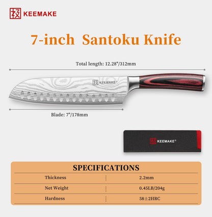 KEEMAKE Santoku Knife - 7 Inch High Carbon Japanese Chefs Knife with Ergonomic Pakkawood Handle and Sheath, Gifts for Mom or Dad, Kitchen Gadgets with Gift Box, Father Day Gifts