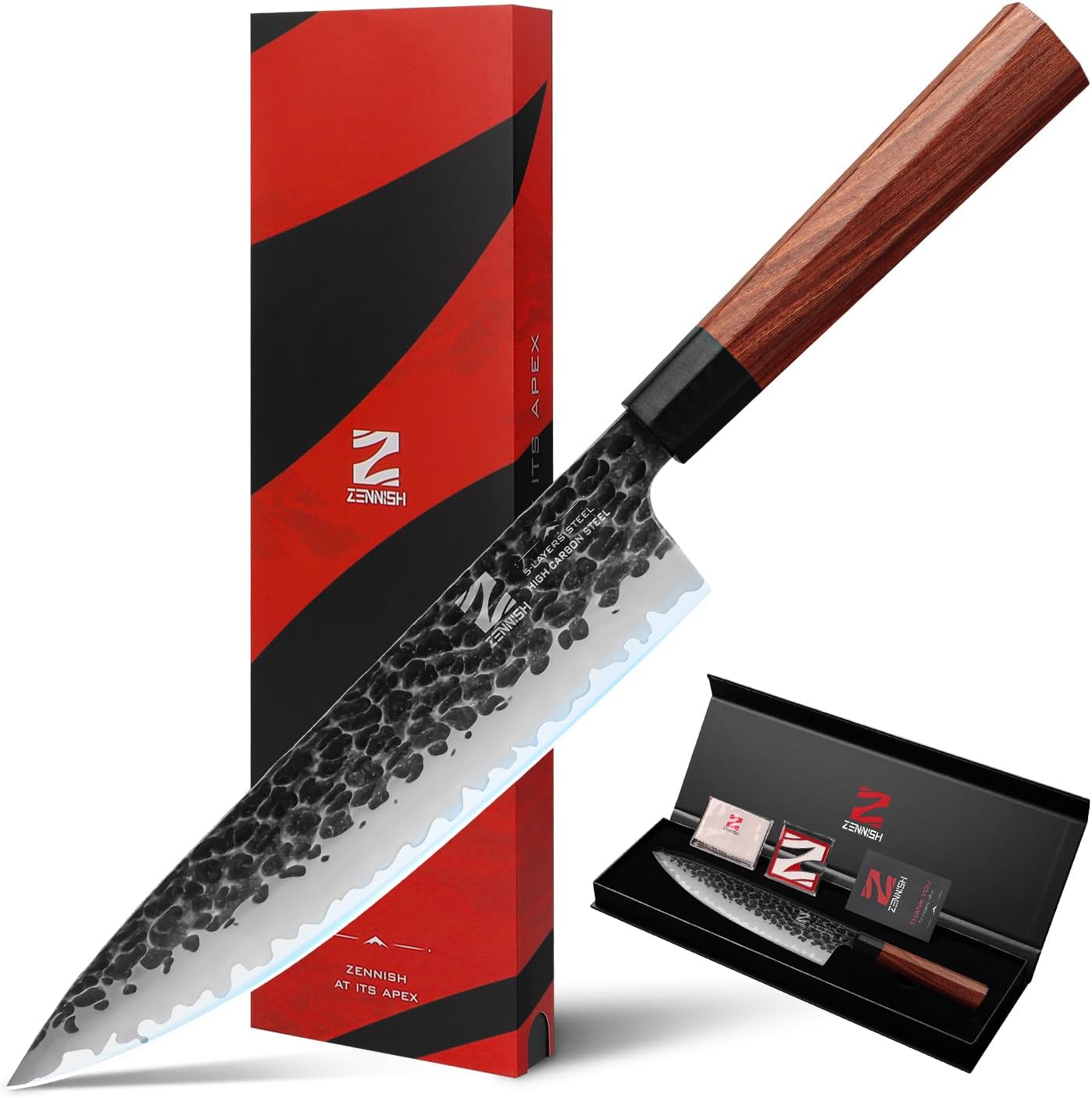 【Exclusive】 Gyuto Knife, 8 Inch Japanese Chef Knife, Handmade Forged 5-Layer VG10 High Carbon Steel, Hammered Finish Rust-Resistant Blade, Ergonomic Sandalwood G10 Handle Kitchen Knife with Gift Box
