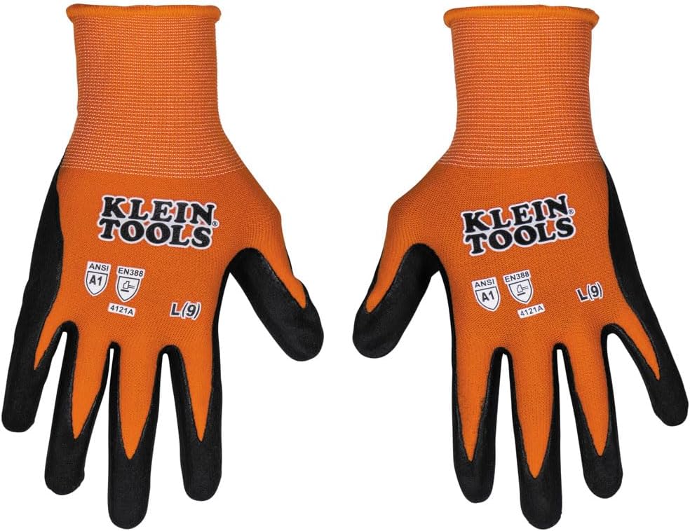 Klein Tools 60581 Work Gloves, Knit Dipped Cut Resistant ANSI A1 Nitrile Coated Gloves, Nylon-Spandex, Touchscreen Capable, Large, 2-Pair