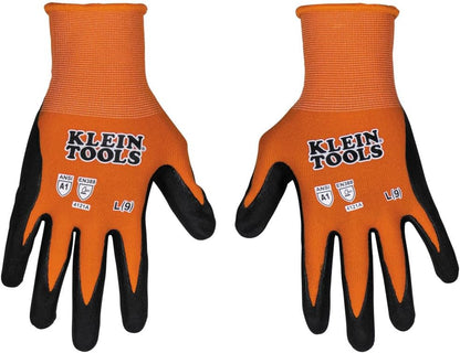 Klein Tools 60581 Work Gloves, Knit Dipped Cut Resistant ANSI A1 Nitrile Coated Gloves, Nylon-Spandex, Touchscreen Capable, Large, 2-Pair