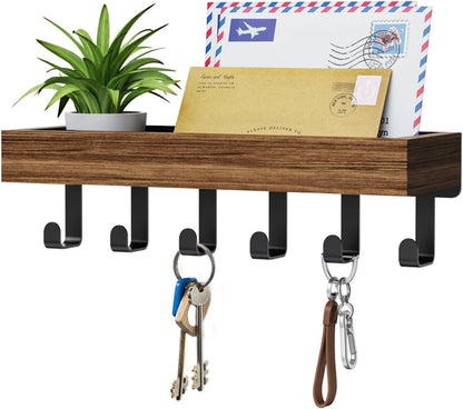 Key Holder Wall Mount Adhesive Magnetic - Hanging Key Hooks with Mail Organizer Tray for Wallet House - Keys Hanger Rack with Shelf for Camper Entryway Door Home Living Room Decor Large Black