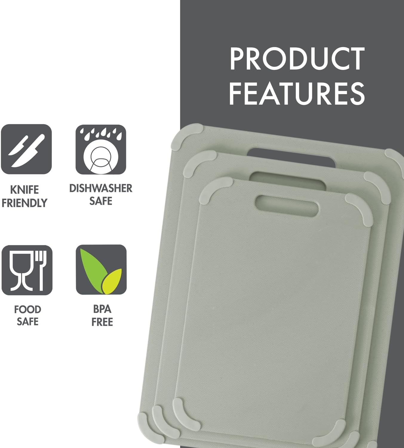Dexas Fresh Prep 3-Pack Non-Slip Cutting Board Set – Dishwasher Safe Plastic Boards with Silicone Grip Corners & Handle, Sage (14.17" x 10.63", 12.6" x 9.06", 11.02" x 7.48")