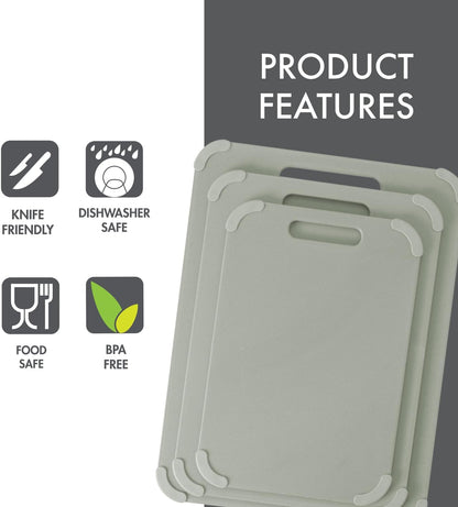 Dexas Fresh Prep 3-Pack Non-Slip Cutting Board Set – Dishwasher Safe Plastic Boards with Silicone Grip Corners & Handle, Sage (14.17" x 10.63", 12.6" x 9.06", 11.02" x 7.48")