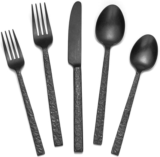 KINGSTONE 24 Pcs Black Hammered Silverware Set with Steak Knives for 4, 18/10 Stainless Steel Heavy Duty Flatware Set, Tableware Cutlery Utensil Sets for Home Restaurant Dishwasher Safe