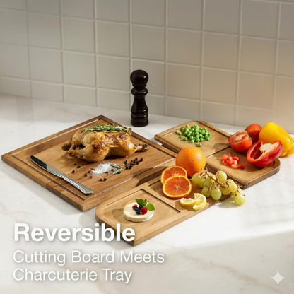 Sango Acacia Cutting Board Set with Juice Grooves and Partitions for Serving, 3-Piece- Wood Chopping Boards, Stackable & Reversible for Kitchen, Non-Toxic, Perfect as Butcher Block Countertop, Atelier