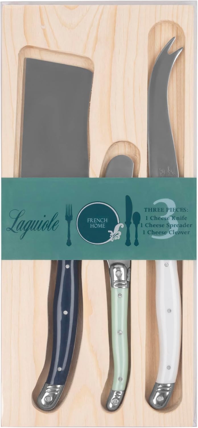 Laguiole Cheese Knife Set of 3 – Charcuterie Accessories w/Faux Ivory Handles – Includes 6.25" Cheese Spreader, 9.25" Spear & 8.5" Cleaver Knife