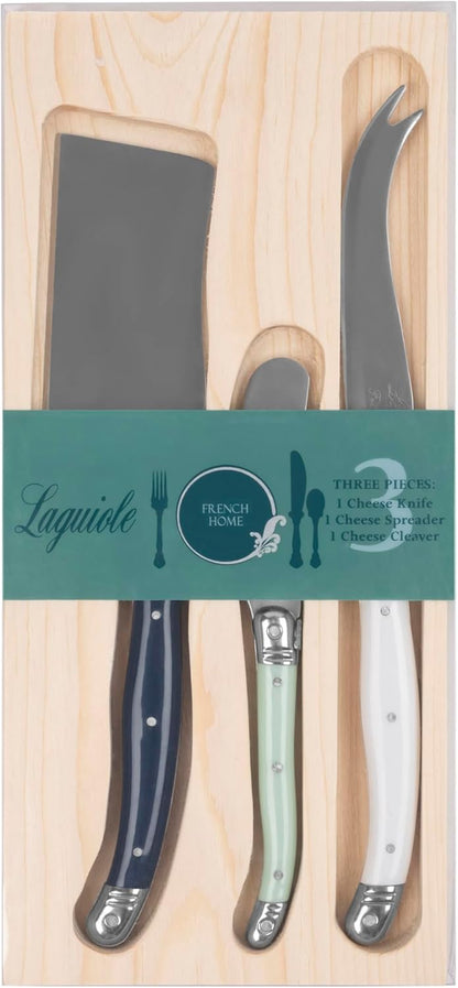 Laguiole Cheese Knife Set of 3 – Charcuterie Accessories w/Faux Ivory Handles – Includes 6.25" Cheese Spreader, 9.25" Spear & 8.5" Cleaver Knife