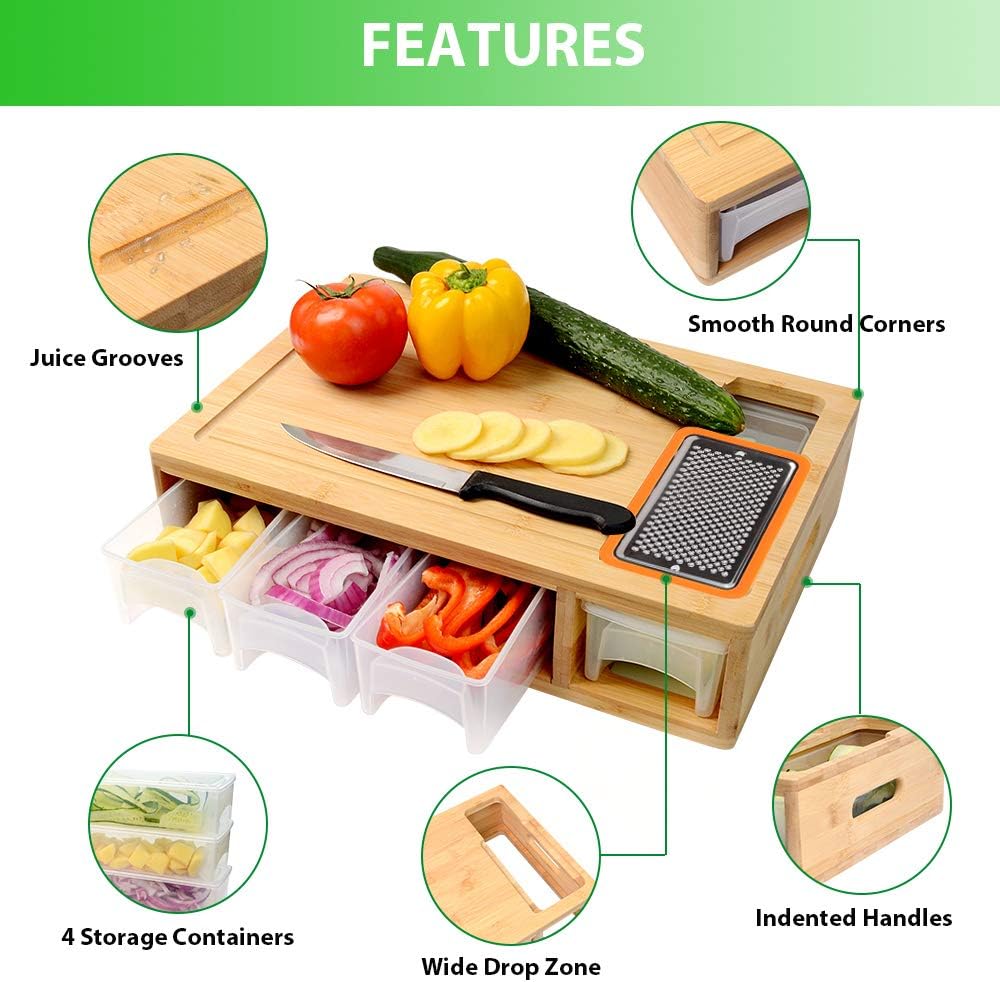Bamboo Cutting Board with Containers, Lids, and Graters, Large Wood Cutting Board with Containers, Food Dropping Zone, Carving Board with Easy-grip Handle, Juice Groove