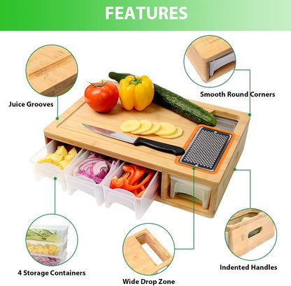 Bamboo Cutting Board with Containers, Lids, and Graters, Large Wood Cutting Board with Containers, Food Dropping Zone, Carving Board with Easy-grip Handle, Juice Groove