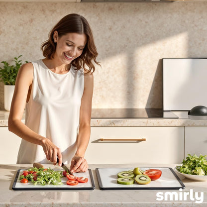 SMIRLY Plastic Cutting Board Set with Holder 3 Pieces, Non-Slip Dishwasher Safe Chopping Boards for Kitchen, Black & White