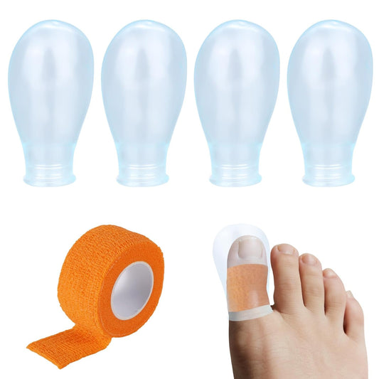 4pcs Waterproof Thumb Protector, Reusable Silicone Finger Sleeve Cover Rubber Cots with Nursing Bandage for Shower Swimming Pedicure Manicure Nail Soaking & Wound Protection Guard